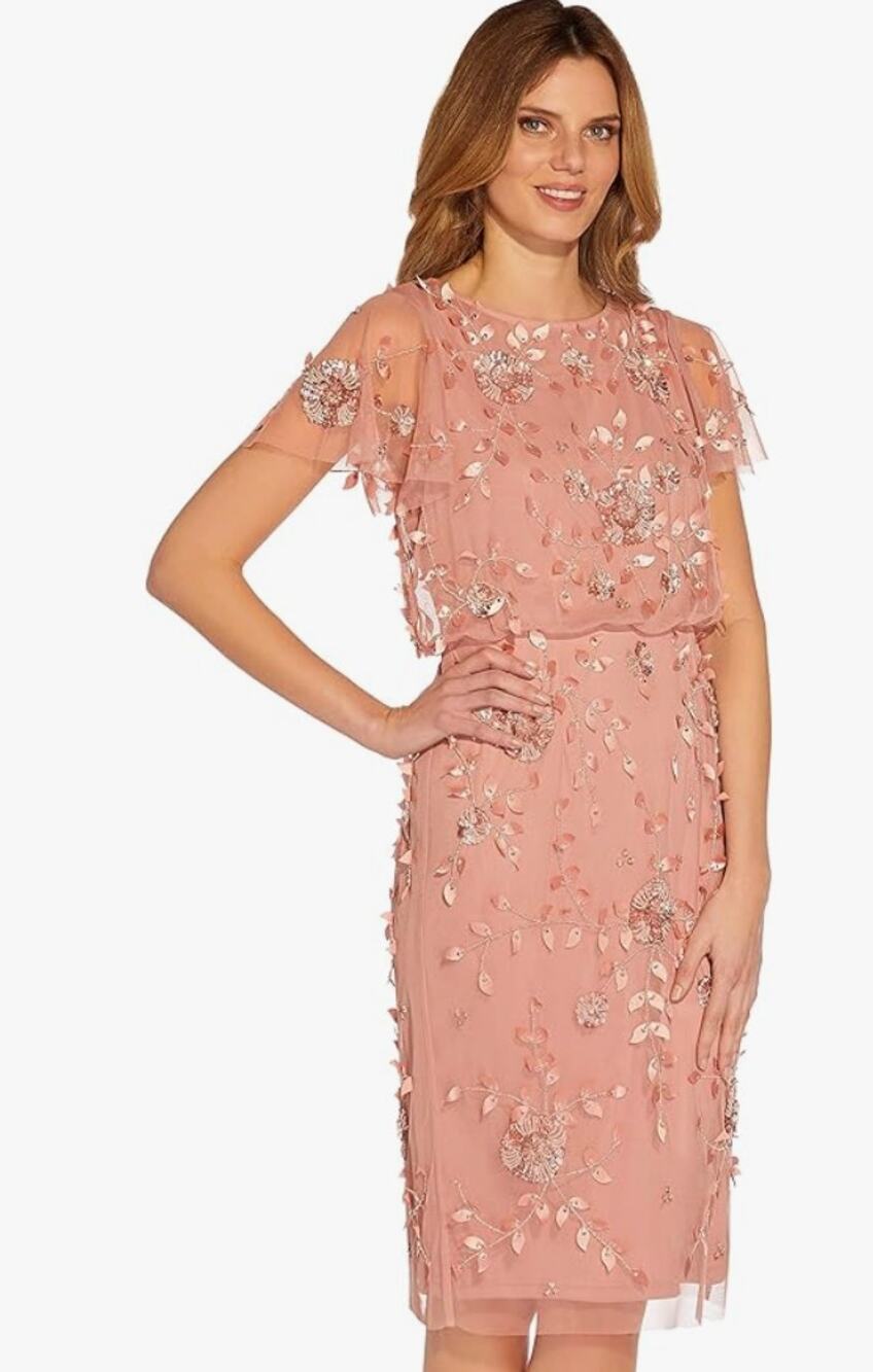 Adrianna Papell Beaded Sequin Dress Pink Floral Party Glam Cocktail US 4 NWT